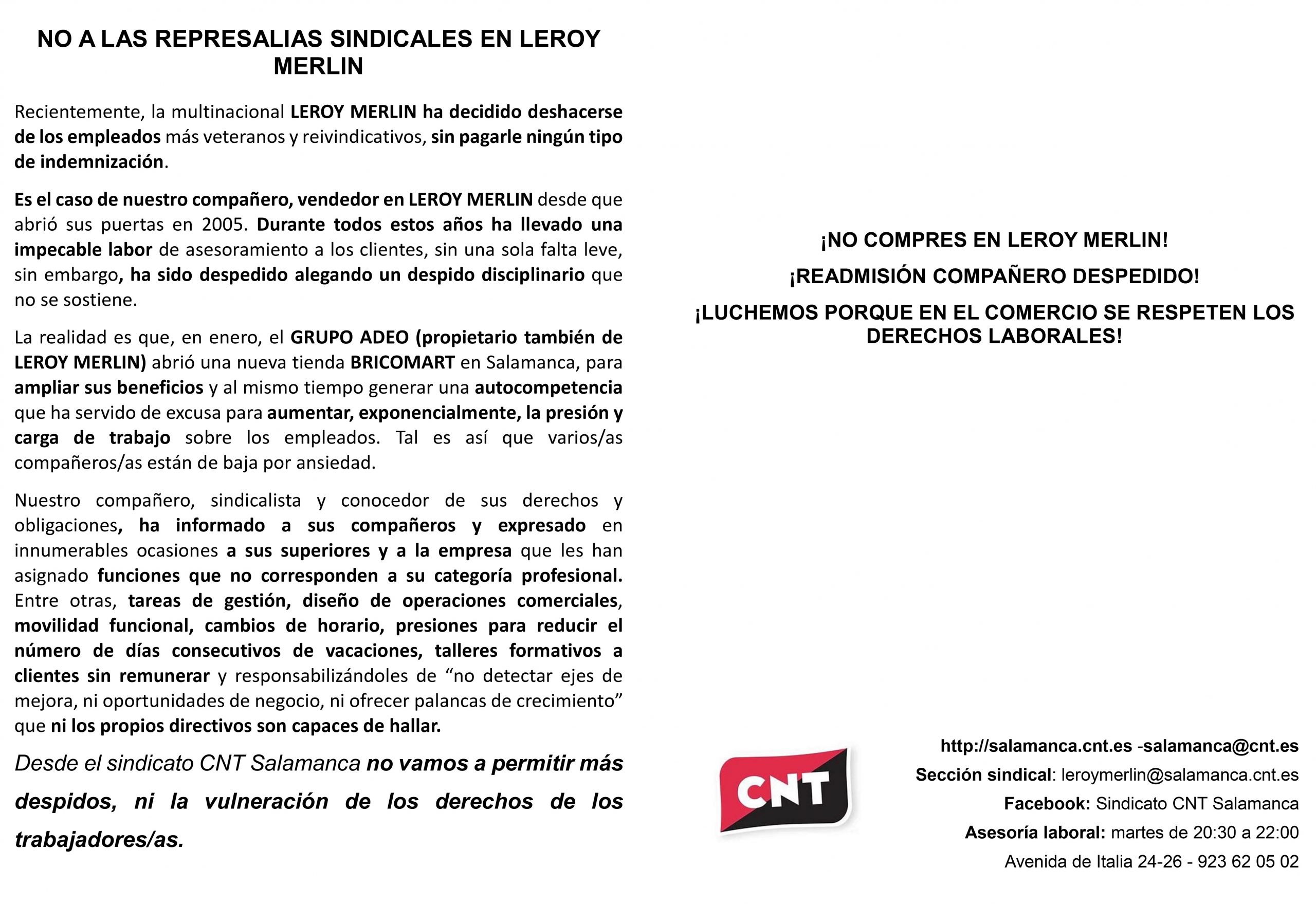 Continúa La Campaña Contra Leroy Merlin Cnt Salamanca